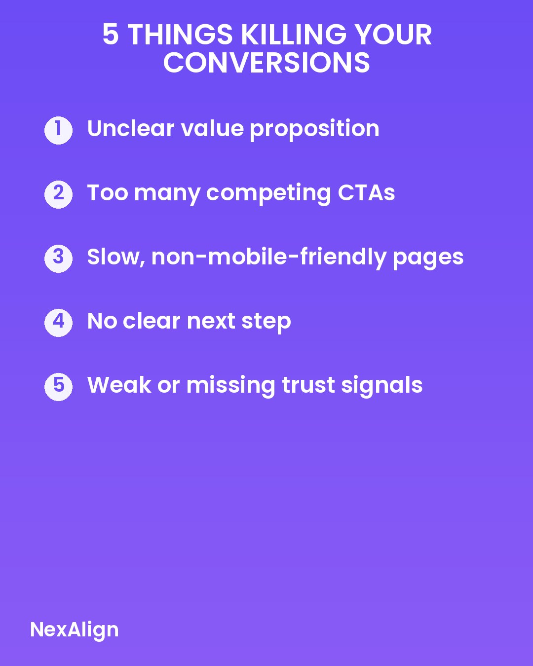 5 things killing your website conversions: unclear value proposition, too many CTAs, slow mobile pages, no clear next step, weak trust signals